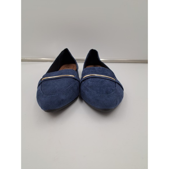 Obataom Blue faux suede flats w/ Goldtone strap decor Pointy Toe 9 - Picture 5 of 8